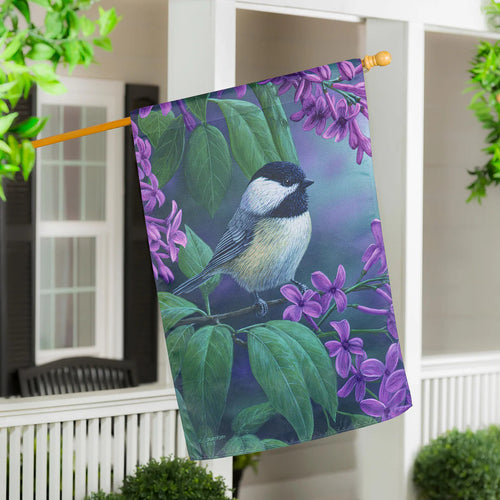Evergreen Chickadee on Lilac Suede House Flag