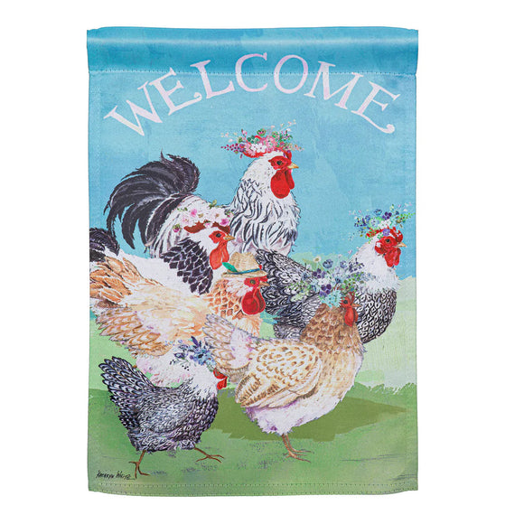 Evergreen Floral Chickens Suede Garden Flag