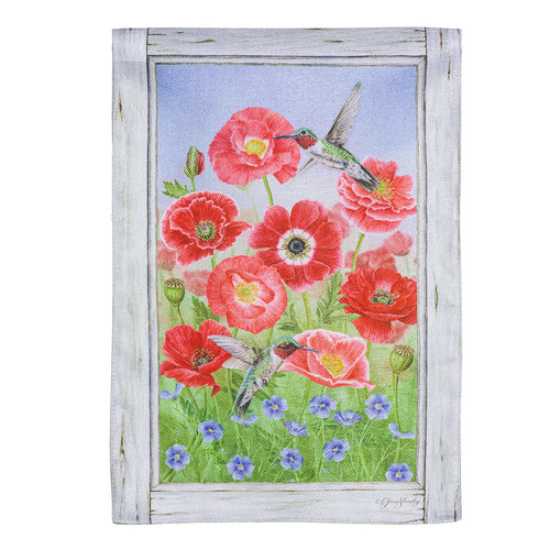 Evergreen Poppy's and Hummingbirds Burlap Garden Flag
