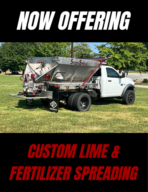 Truck equipped with Speedy Spread Spreader, promoting custom lime and fertilizer spreading services offered by Carthage Farm Supply.